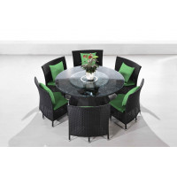 Manhattan Comfort OD-DS001-GR Nightingdale Black 7-Piece Rattan Outdoor Dining Set with Green Cushions